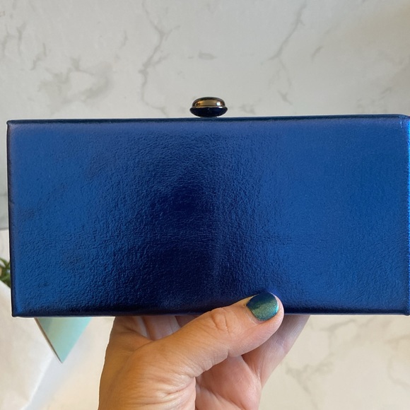 New Deux Lux Shiny Metallic Blue Mini Box Clutch Bag Purse with Chain Strap - Picture 5 of 7